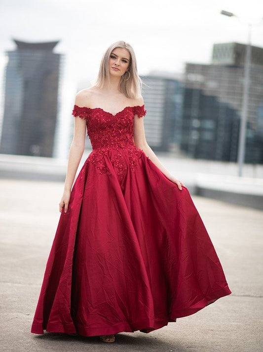 Ball Gown Off-the-Shoulder Satin Applique Sleeveless Floor-Length Dresses DFP0001659