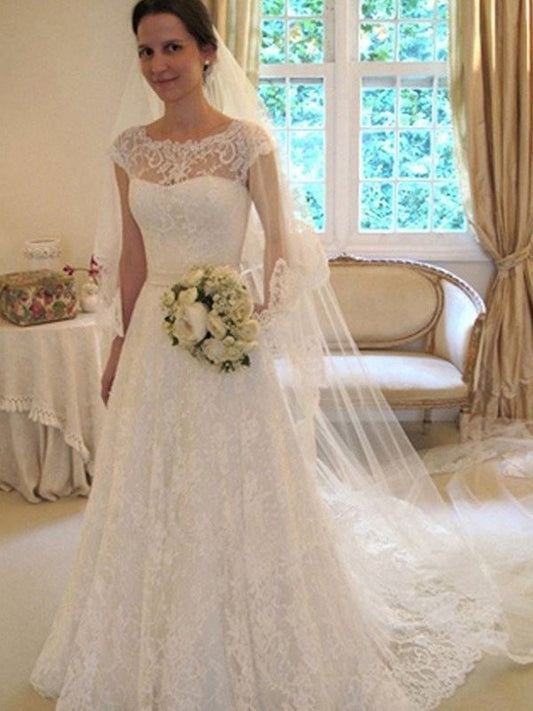 A-Line/Princess Scoop Sleeveless Sweep/Brush Train Lace Tulle Wedding Dresses DFP0006762