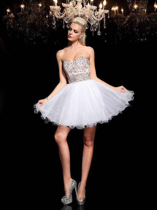 A-Line/Princess Sweetheart Beading Sleeveless Short Net Cocktail Dresses DFP0008575