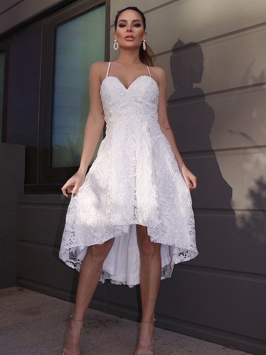 A-Line/Princess Sweetheart Lace Ruffles Sleeveless Asymmetrical Homecoming Dresses DFP0004434