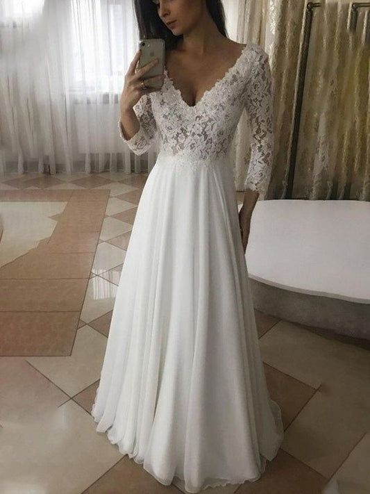 A-Line/Princess Chiffon Applique 3/4 Sleeves V-neck Floor-Length Wedding Dresses DFP0006038