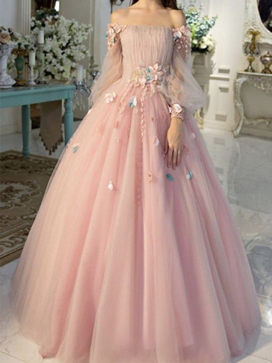 Ball Gown Off-the-Shoulder Tulle Long Sleeves Hand-Made Flower Floor-Length Dresses DFP0001386