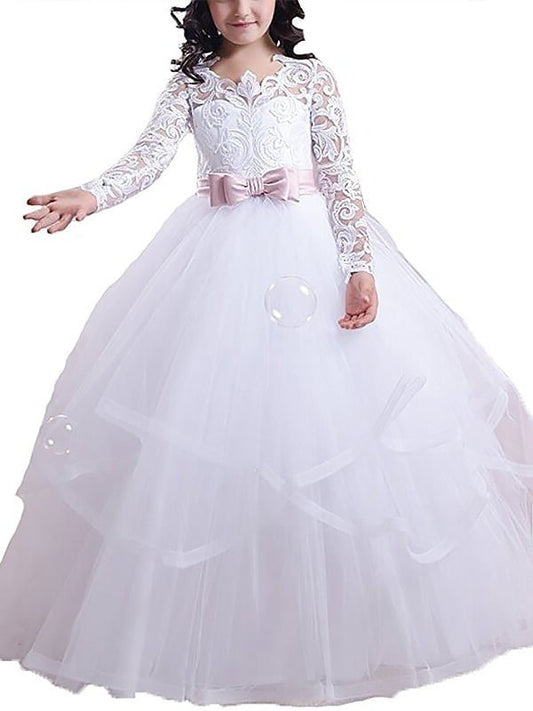 Ball Gown Jewel Long Sleeves Lace Floor-Length Tulle Flower Girl Dresses DFP0007554