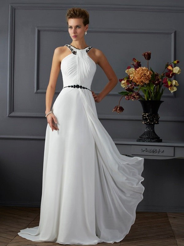 A-Line/Princess High Neck Sleeveless Beading Long Chiffon Dresses DFP0002505