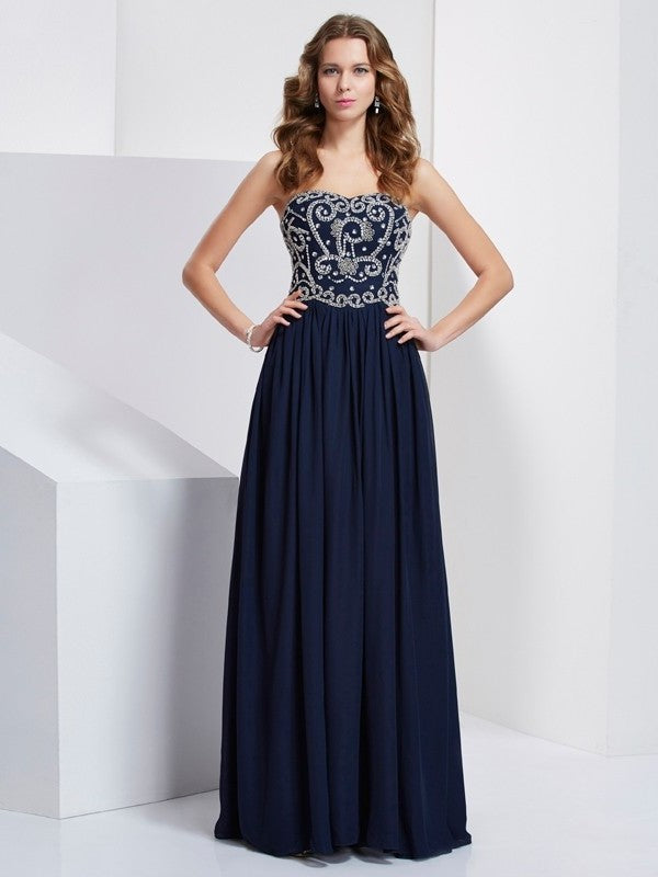 A-Line/Princess Strapless Beading Sleeveless Long Chiffon Dresses DFP0002874