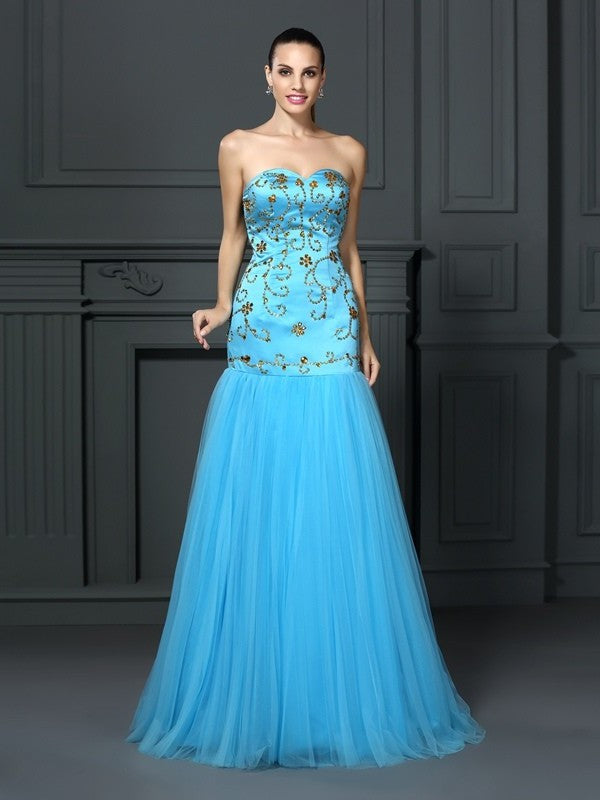 Trumpet/Mermaid Sweetheart Beading Sleeveless Long Satin Dresses DFP0004261