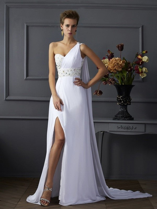 Sheath/Column One-Shoulder Sleeveless Beading Long Chiffon Dresses DFP0002729