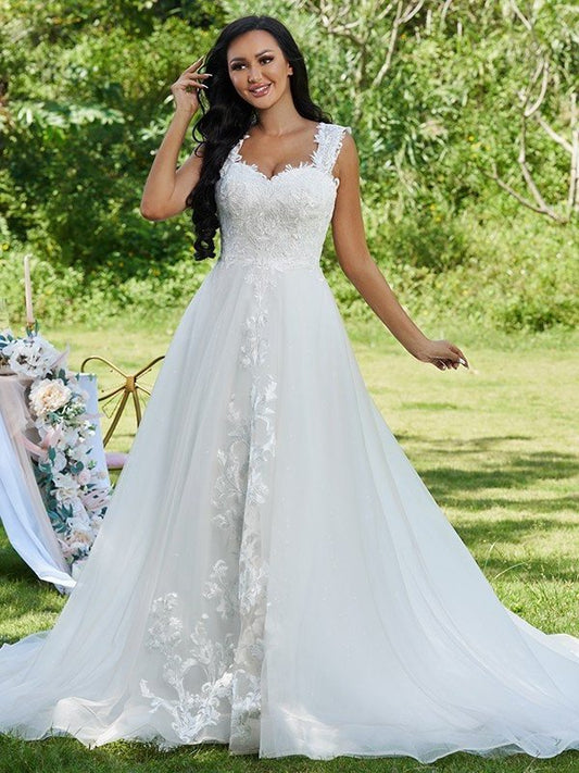 A-Line/Princess Lace Applique Sweetheart Sleeveless Sweep/Brush Train Wedding Dresses DFP0005900