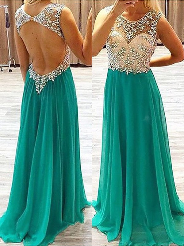 A-Line/Princess Sleeveless Beading Chiffon Sweep/Brush Train Dresses DFP0002470