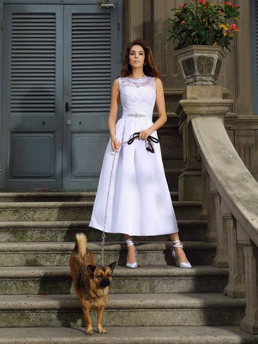 A-Line/Princess Bateau Applique Sleeveless Long Satin Wedding Dresses DFP0006714