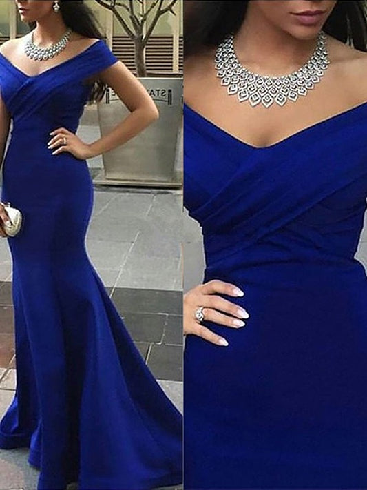 Trumpet/Mermaid Off-the-Shoulder Sleeveless Satin Sweep/Brush Train Dresses DFP0001675