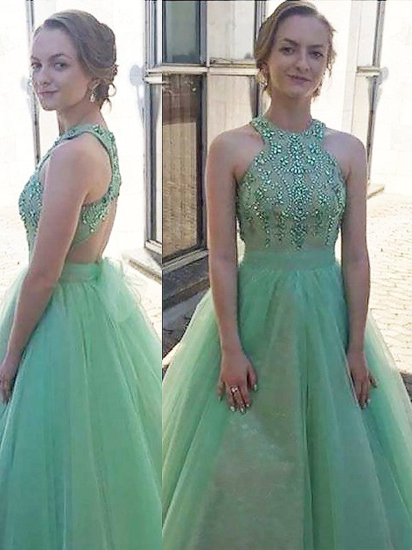 Ball Gown Sleeveless Halter Beading Floor-Length Tulle Dresses DFP0002713