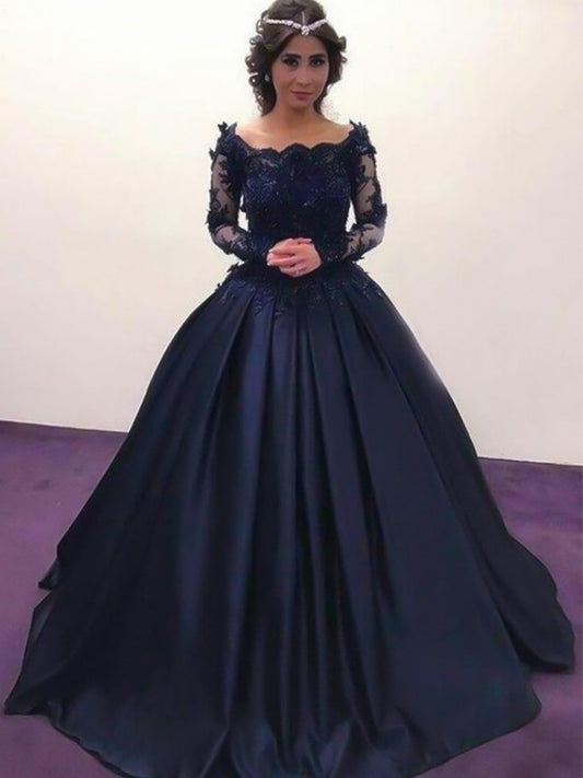 Ball Gown Bateau Long Sleeves Sweep/Brush Train Applique Satin Dresses DFP0002637