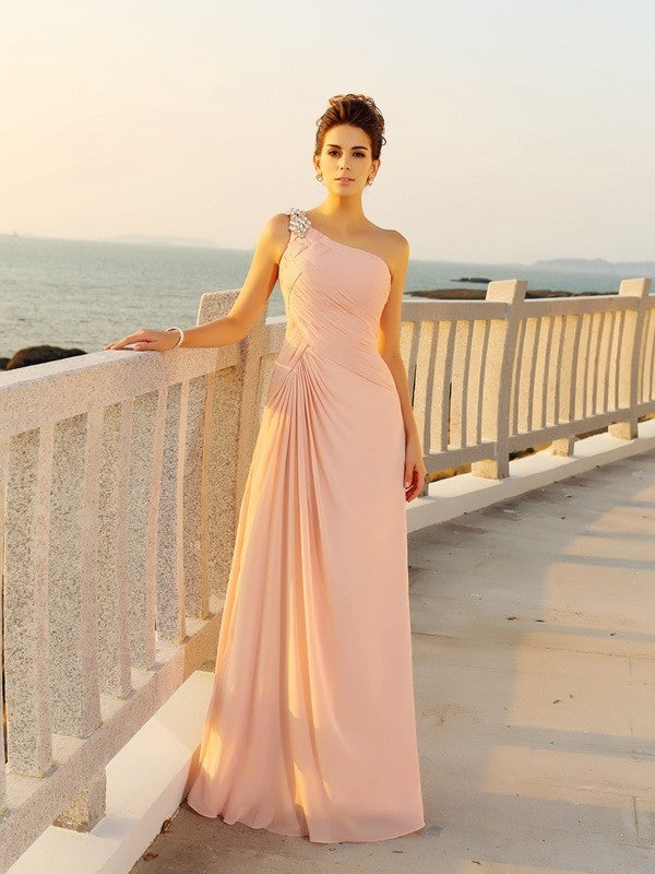 A-Line/Princess One-Shoulder Beading Sleeveless Long Chiffon Dresses DFP0002446