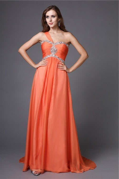 A-Line/Princess One-Shoulder Beading Sleeveless Long Chiffon Dresses DFP0004445