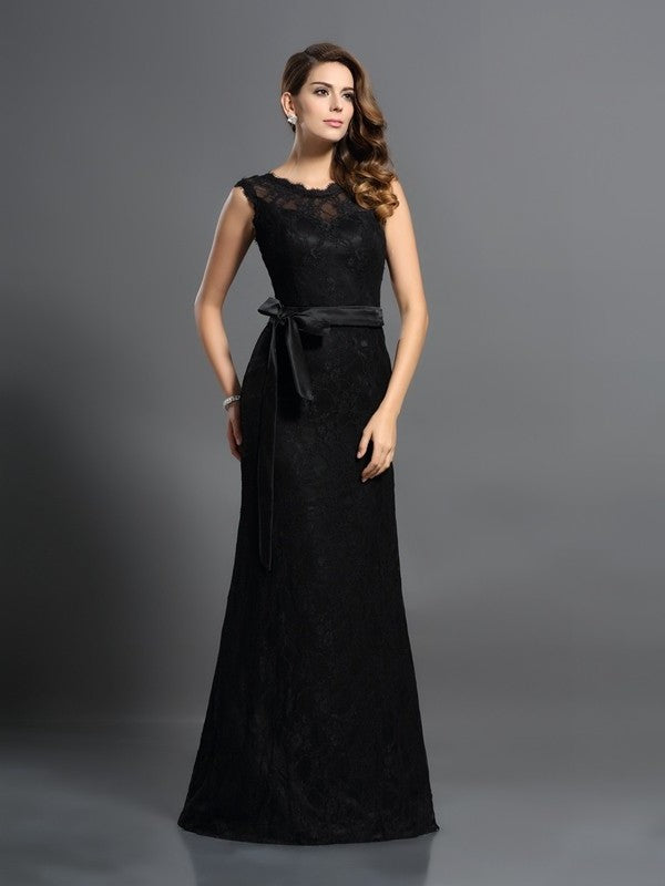 Sheath/Column Scoop Lace Sleeveless Long Satin Dresses DFP0003030