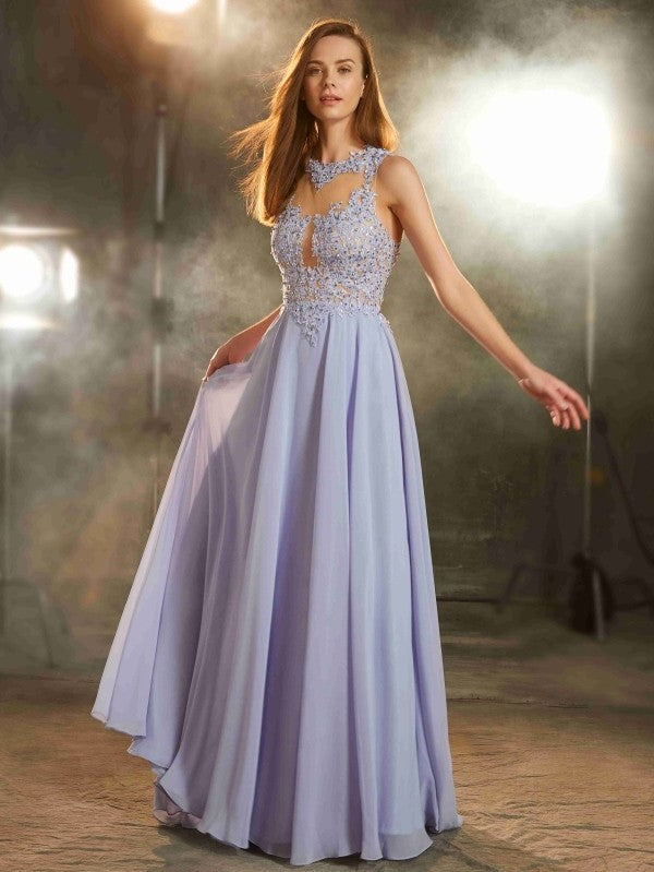 A-Line/Princess Scoop Sleeveless Floor-Length Applique Chiffon Dresses DFP0002606