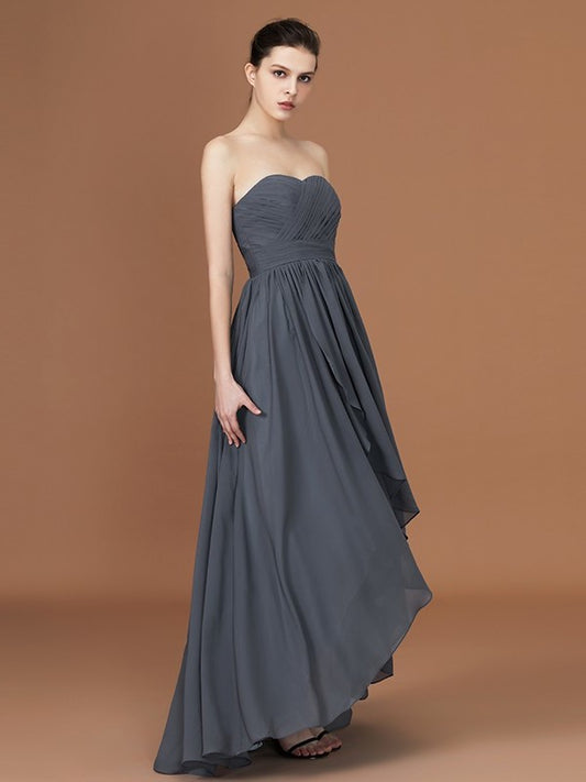A-Line/Princess Asymmetrical Sleeveless Ruched Sweetheart Floor-Length Chiffon Bridesmaid Dresses DFP0005820