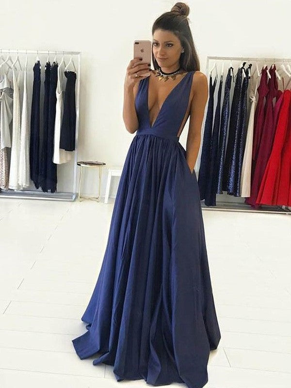 A-Line/Princess V-neck Sleeveless Floor-Length Taffeta Dresses DFP0001864