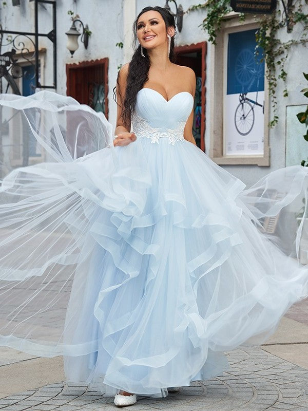 A-Line/Princess Tulle Applique Sweetheart Sleeveless Floor-Length Dresses DFP0001558