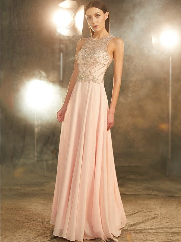 A-Line/Princess Scoop Sleeveless Chiffon Crystal Floor-length Dresses DFP0002399