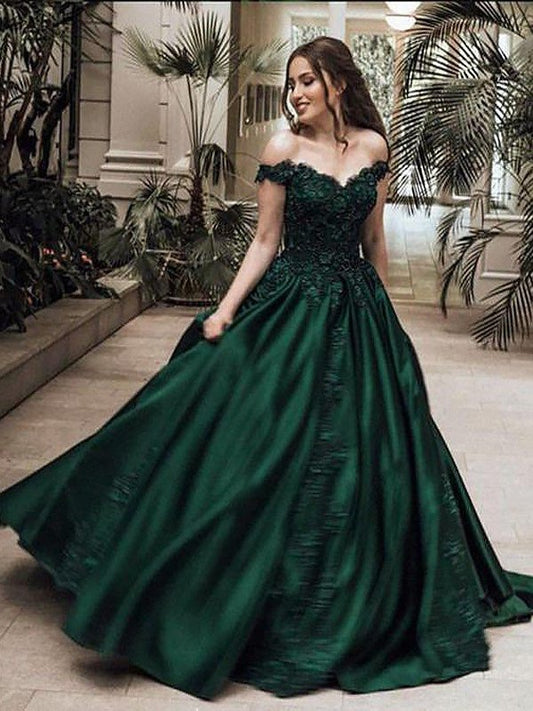 Ball Gown Off-the-Shoulder Sleeveless Floor-Length Lace Satin Dresses DFP0001374