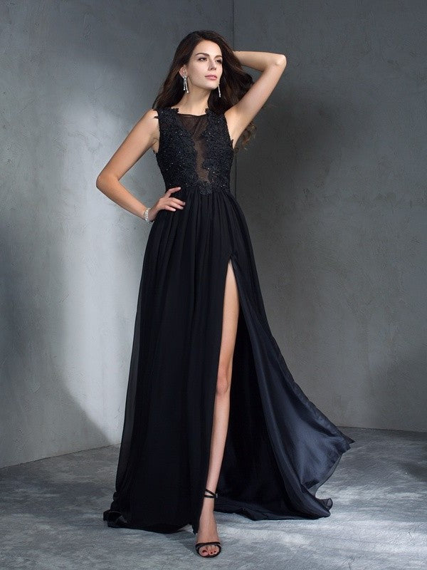 A-Line/Princess Scoop Applique Sleeveless Long Chiffon Dresses DFP0002435