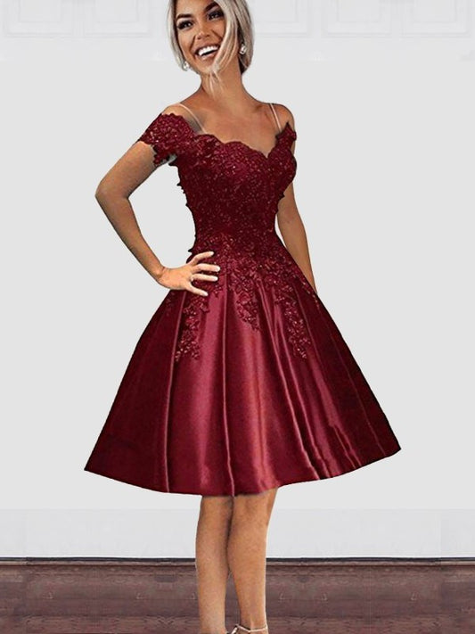 A-Line Off-the-Shoulder Cut Short With Applique Satin Burgundy Homecoming Dresses DFP0008157
