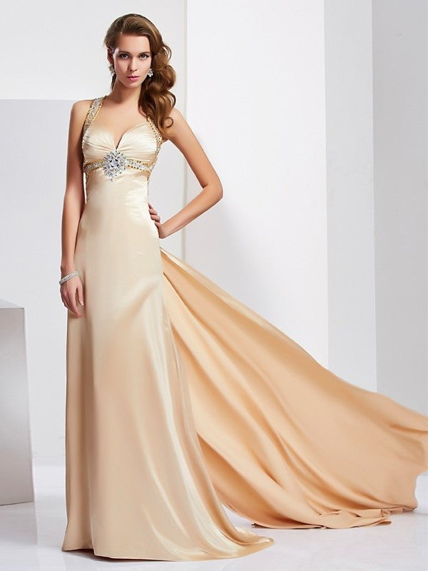 Sheath/Column Halter Sleeveless Ruffles Long Silk like Satin Dresses DFP0002443