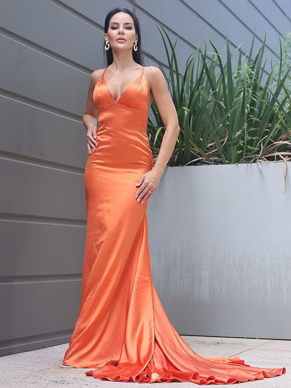 Sheath/Column Satin Ruched V-neck Sleeveless Sweep/Brush Train Dresses DFP0001681