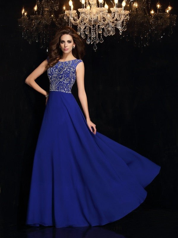 A-Line/Princess Scoop Beading Sleeveless Long Chiffon Dresses DFP0002886