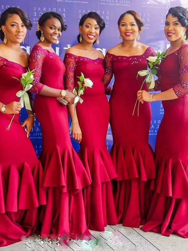 Trumpet/Mermaid 3/4 Sleeves Off-the-Shoulder Floor-Length Ruched Stretch Crepe Bridesmaid Dresses DFP0005346