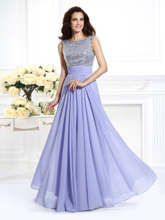 A-Line/Princess Bateau Lace Sleeveless Paillette Long Chiffon Dresses DFP0004101