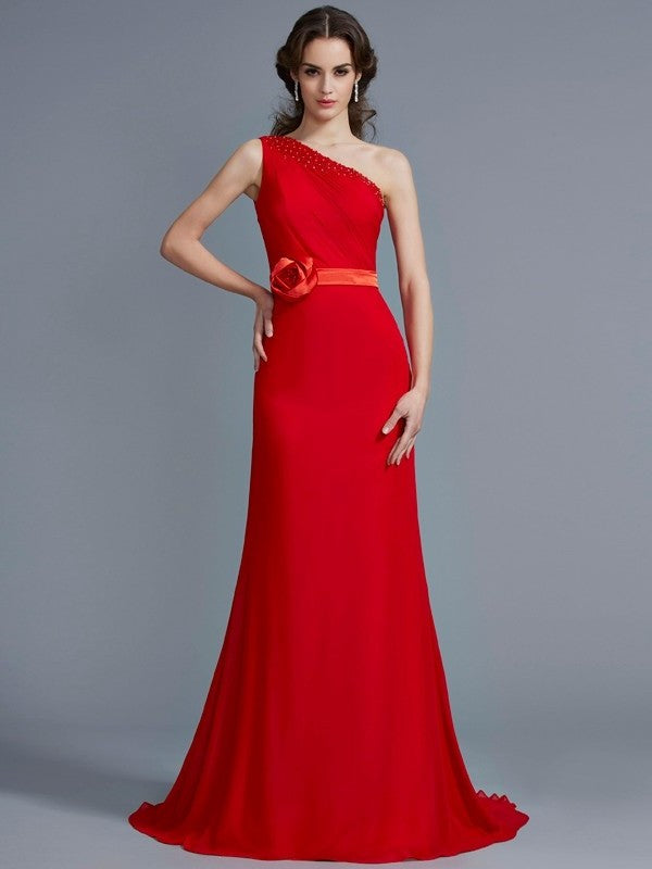 A-Line/Princess One-Shoulder Sleeveless Beading Long Chiffon Dresses DFP0004145