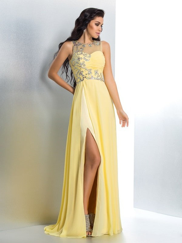 A-Line/Princess Sheer Neck Beading Sleeveless Long Chiffon Dresses DFP0002378