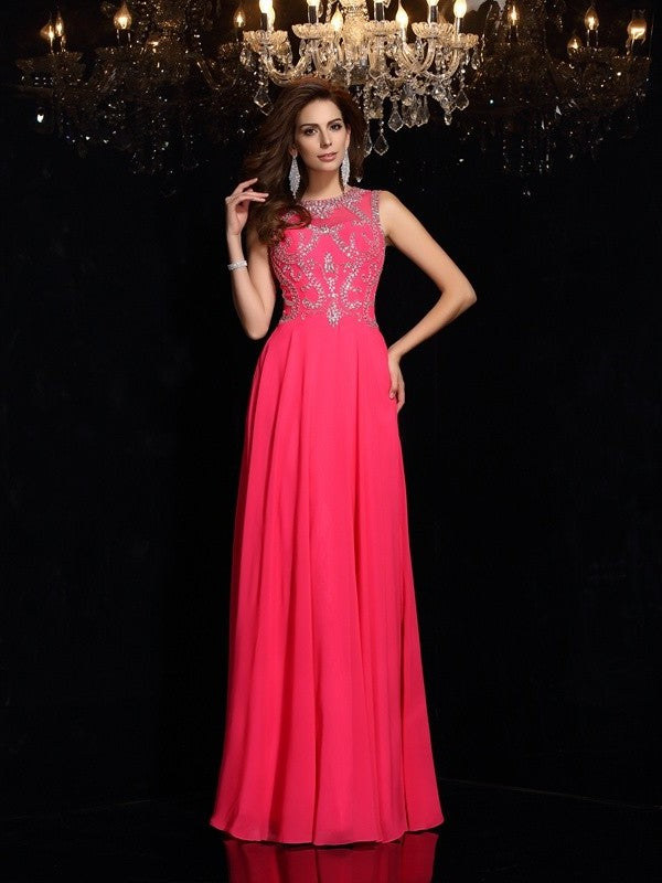 A-Line/Princess Scoop Beading Sleeveless Long Chiffon Dresses DFP0002572