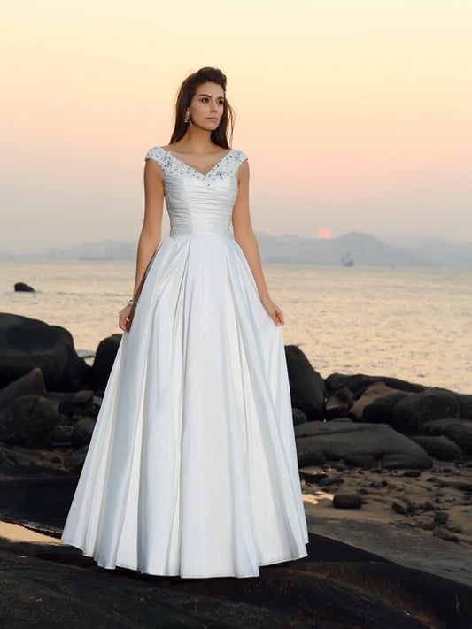 A-Line/Princess V-neck Beading Sleeveless Long Taffeta Beach Wedding Dresses DFP0006380