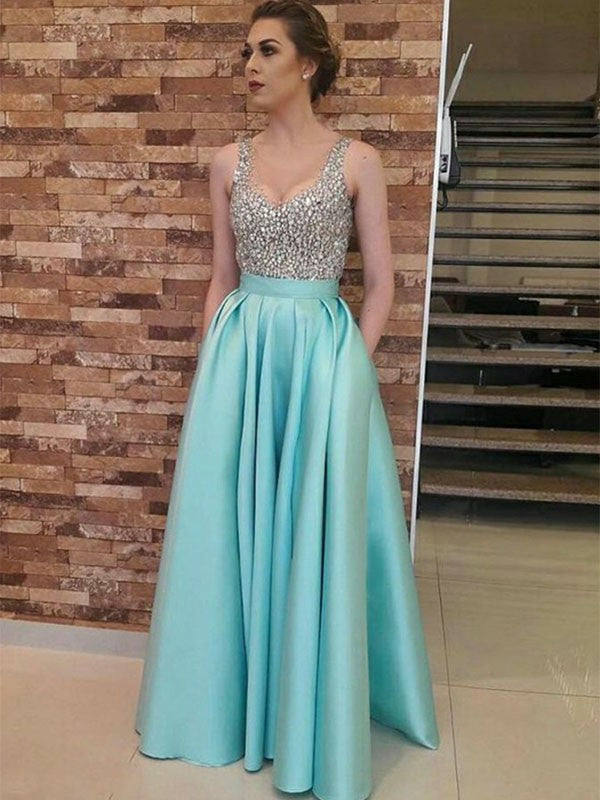 A-Line/Princess Sleeveless V-neck Floor-Length Beading Satin Dresses DFP0002954