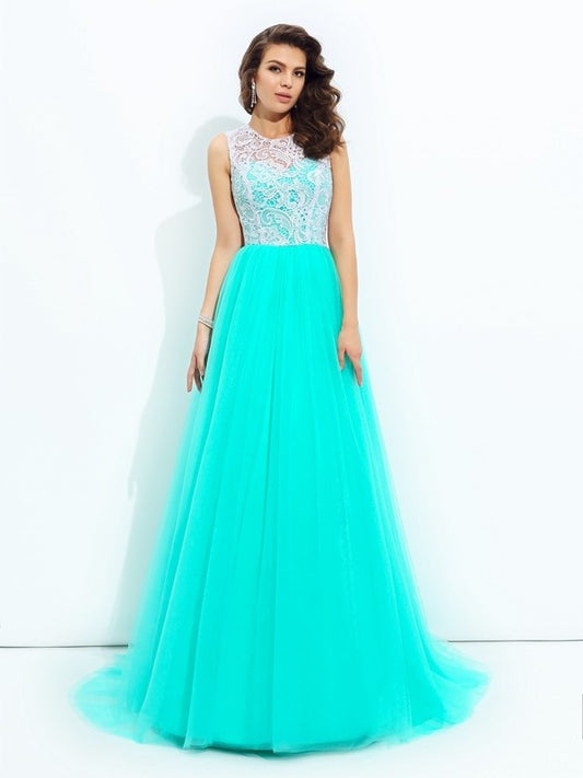 A-line/Princess Scoop Lace Sleeveless Long Net Dresses DFP0002683