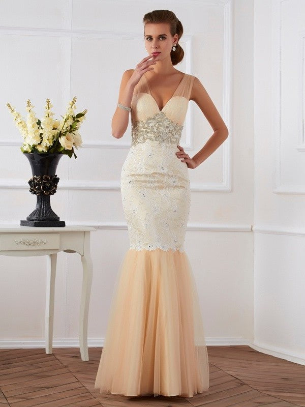 Trumpet/Mermaid Straps Sleeveless Beading Long Net Dresses DFP0002432