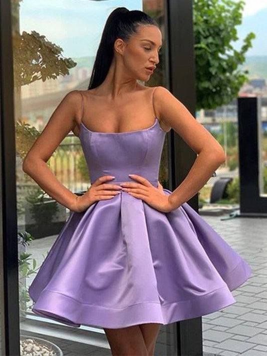 A-Line/Princess Square Satin Ruffles Sleeveless Short/Mini Homecoming Dresses DFP0004179