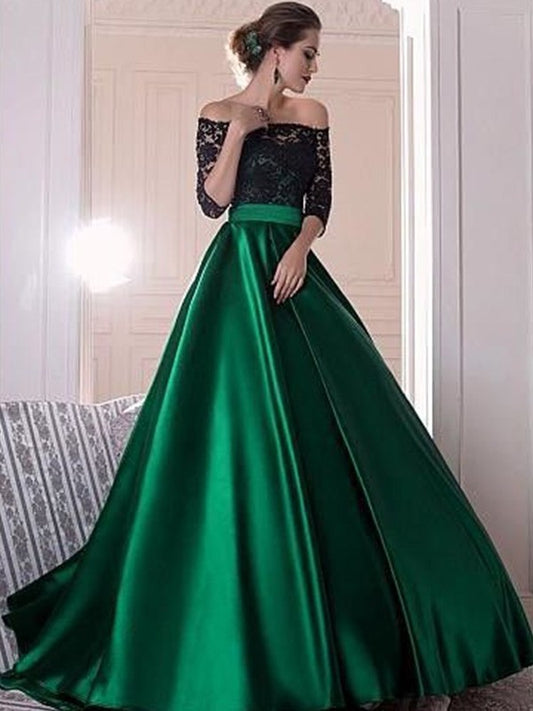 A-Line/Princess Off-the-Shoulder 3/4 Sleeves Lace Ruched Sweep/Brush Train Satin Dresses DFP0002482