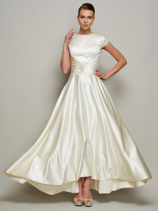 A-Line/Princess Scoop Short Sleeves Beading Long Satin Mother of the Bride Dresses DFP0007075