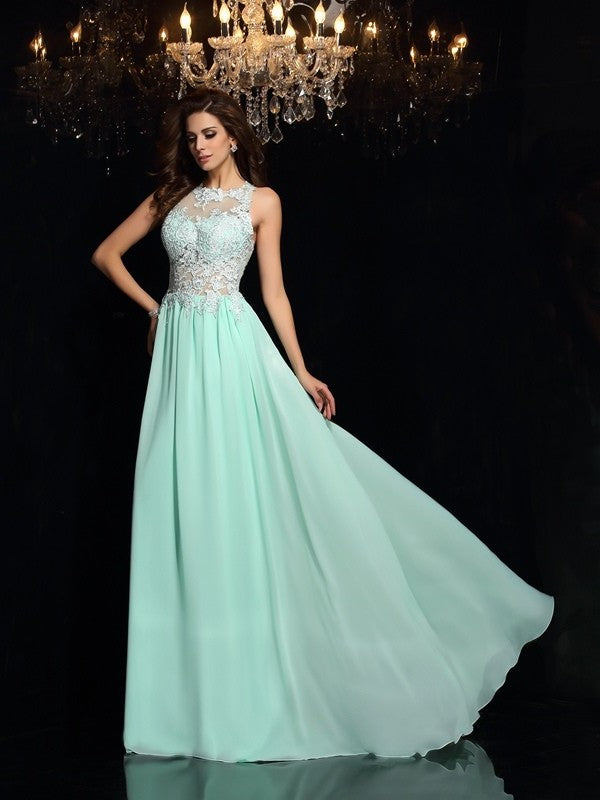 A-Line/Princess High Neck Applique Sleeveless Long Chiffon Dresses DFP0001710