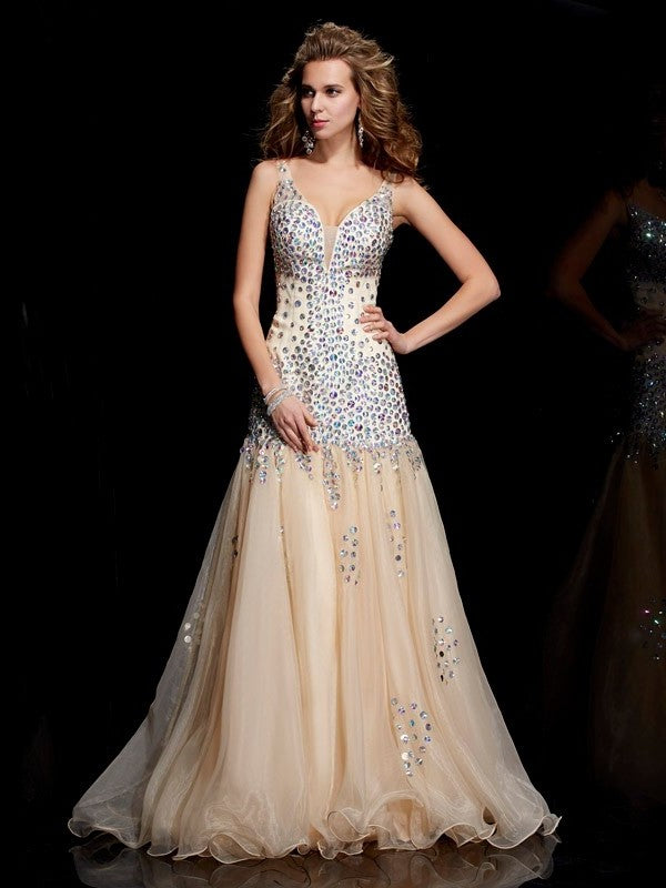 Sheath/Column V-neck Sleeveless Beading Long Organza Dresses DFP0002474