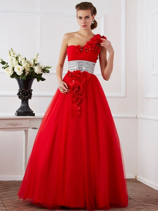 Ball Gown One-Shoulder Sleeveless Hand-Made Flower Long Net Quinceanera Dresses DFP0009123