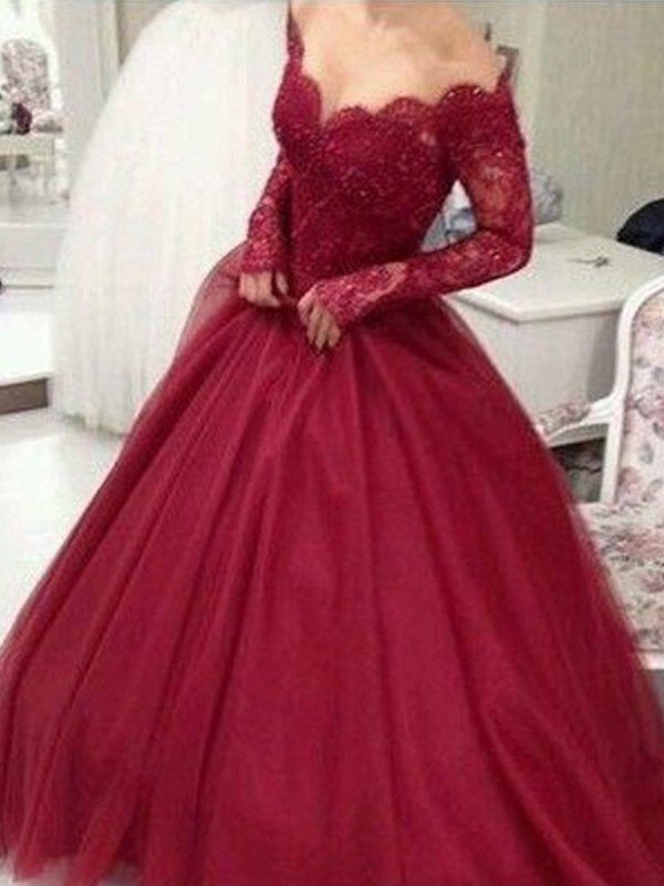 Ball Gown V-neck Long Sleeves Floor-Length Lace Tulle Dresses DFP0001734