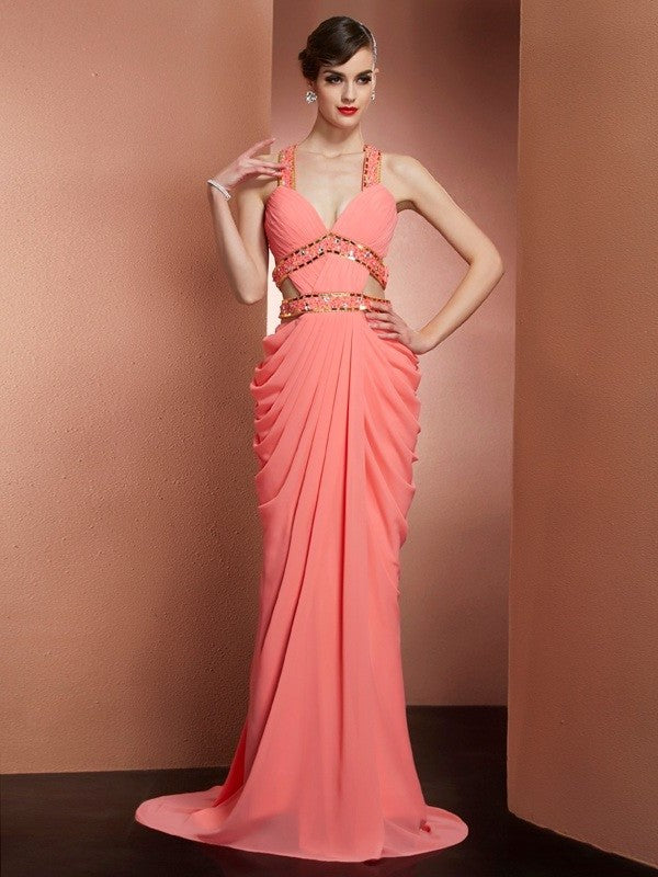 A-Line/Princess Halter Beading Sleeveless Long Chiffon Dresses DFP0003175