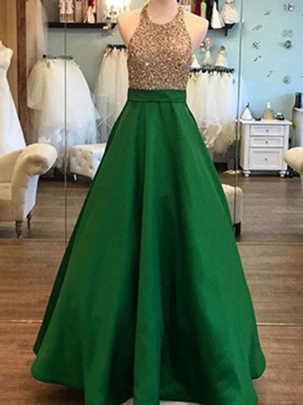 A-Line/Princess Sleeveless Floor-Length Halter Beading Satin Dresses DFP0002633