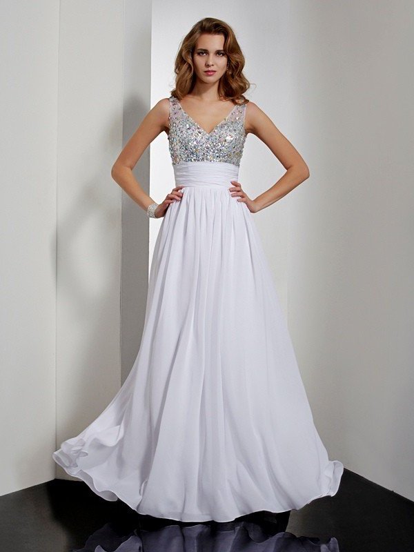 A-Line/Princess V-neck Rhinestone Sleeveless Long Chiffon Dresses DFP0002462